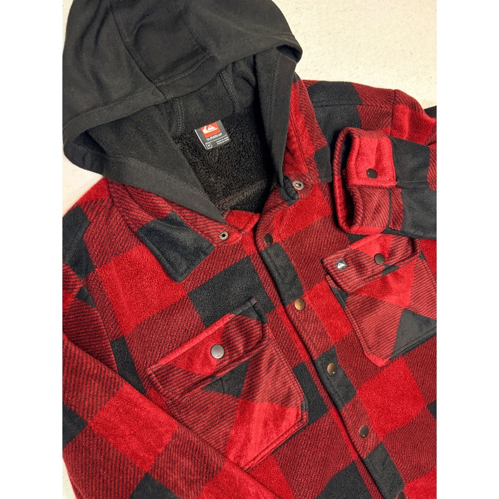Quiksilver Mens Red Black Buffalo Plaid Sherpa Lined Hooded Fleece Shacket M